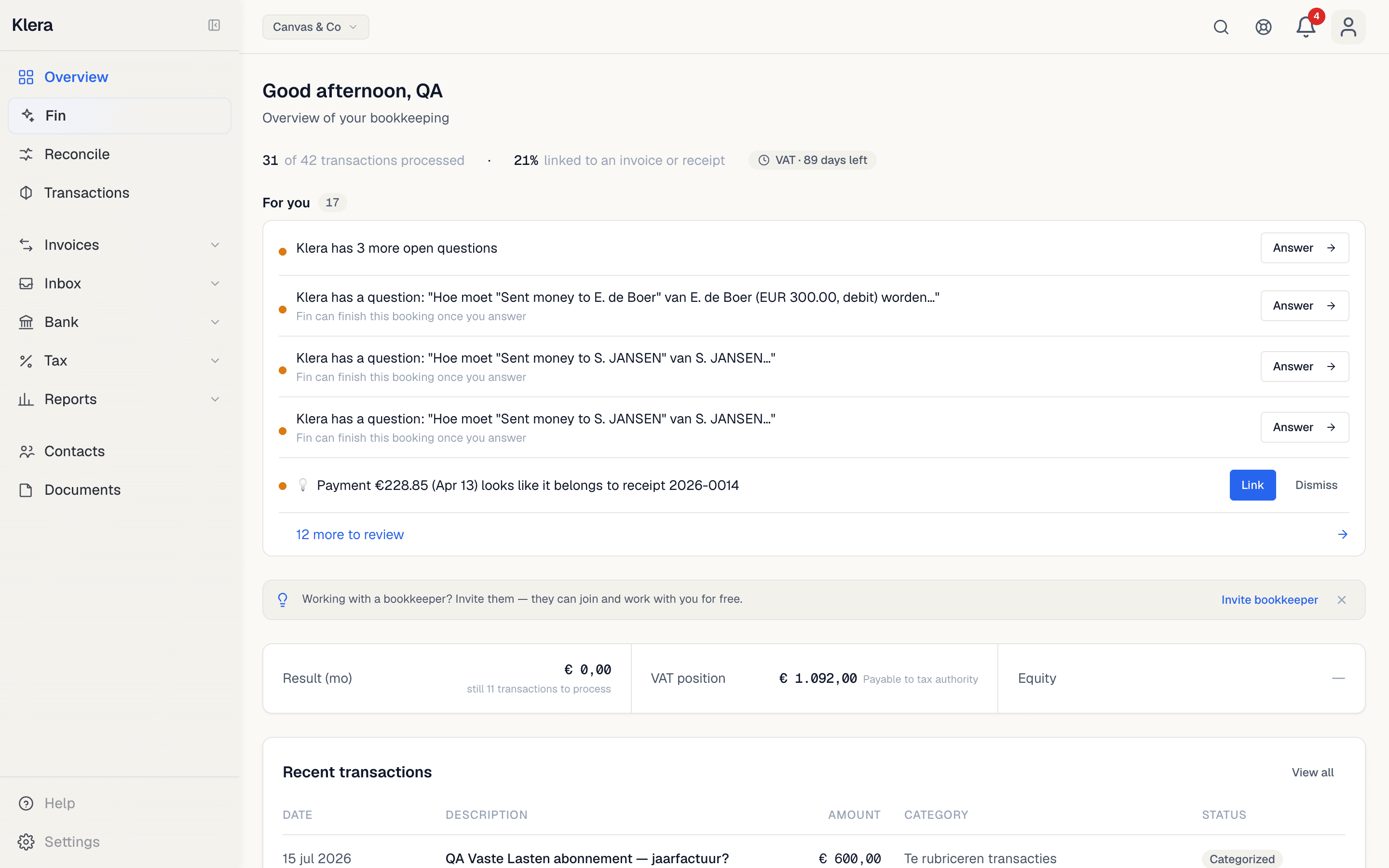 Klera dashboard