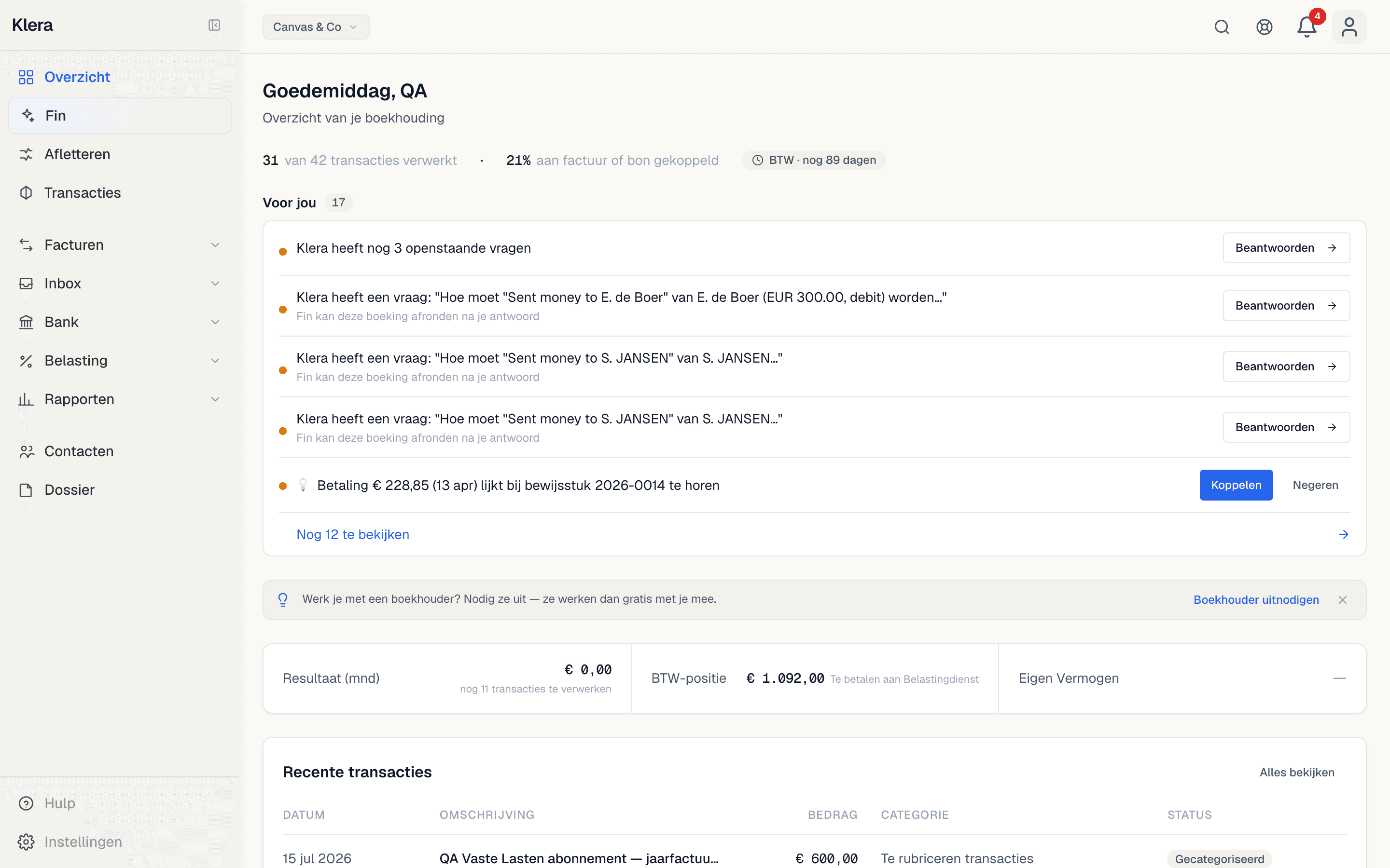 Klera dashboard